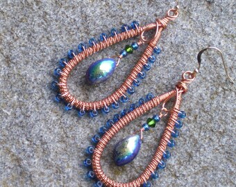 Copper coiled earrings with deep turquoise colored beads and mystic lapis lazuli