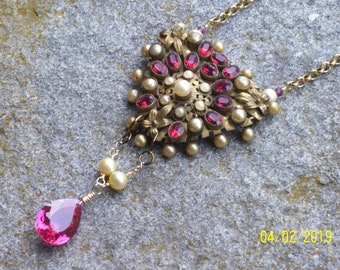 Art Nouveau assemblage necklace   Ruby paste and pearl art nouveau brooch   repurposed   AAA deep pink topaz