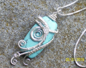 Turquoise   silver wire wrapped pendant   sterling chain
