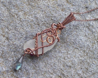 White sea glass   copper wire wrapped pendant with rubies and labradorite  seaglass