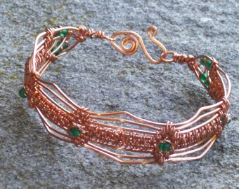 Copper Wire work Bracelet    wire weaving with green beads