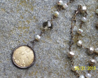 Crystal rosary style necklace   golden angel coin  opal smoky crystals   Y necklace