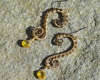 Sea Horse Earrings ... bronze and golden wire, amber beads, and yellow zircons