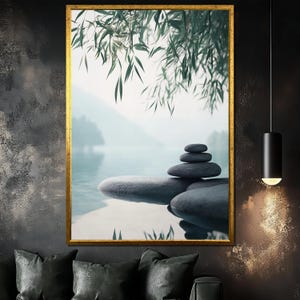 Zen Stones and Bamboo Canvas Painting, Calming Nature Wall Art, Spa Room Decor, Minimalist Meditation Art Print, Peaceful Home Gift