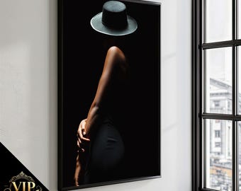 Mystique in Shadows: Captivating Canvas Painting of a Woman in a Hat for Elegant Home Decor and Unique Gifts