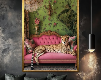 Elegant Leopard Canvas Print, Luxurious Pink Sofa Wall Art, Exotic Animal Decor for Living Room, Unique Wildlife Gift Idea