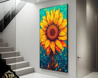 Vibrant Sunflower Canvas Painting - Bold Yellow and Blue Floral Art for Cheerful Home Decor and Gifts