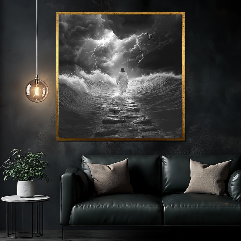 Jesus Walking on Water Canvas Painting, Black and White Religious Wall ...