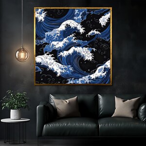 Japanese Wave Canvas Painting, Blue Ocean Wave Wall Art, Traditional Japanese Style Decor, Bold Black & Blue Artwork, Gift for Art Lovers