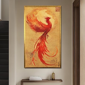 Golden Phoenix Canvas Painting - Elegant Mythical Bird Wall Art, Japanese-Inspired Decor, Unique Gift for Art and Nature Lovers