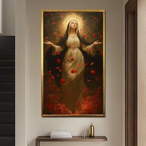 Virgin Mary with Roses Canvas Painting, Elegant Religious Wall Art, Spiritual Christian Gift for Home Decor and Faithful Reflection