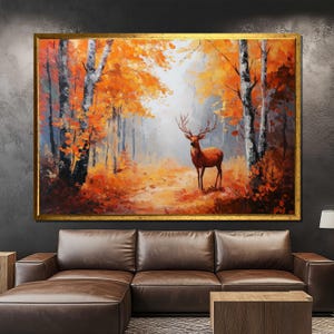 Autumn Forest Deer Canvas Painting, Nature Wall Art, Rustic Woodland Decor, Landscape Artwork, Stag Animal Artwork, Art Gift