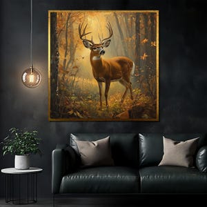 Rustic Autumn Deer Canvas Painting, Forest Wall Art, Wildlife Lover Gift, Cozy Nature-Inspired Decor, Large Woodland Artwork for Home