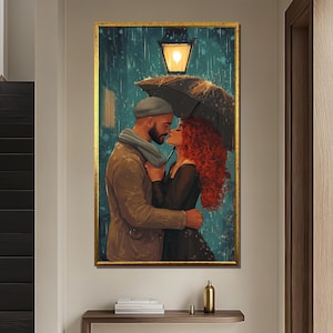 Romantic Rainy Night Canvas Painting, Couple Under Umbrella Wall Art, Intimate Love Scene, Gift for Lovers, Cozy Home or Bedroom Decor