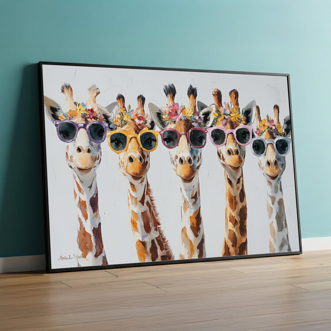 Funny Giraffes Canvas Painting, Colorful Animal Wall Art With Glasses ...