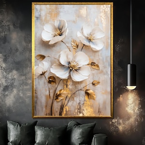 Elegant Gold and White Floral Canvas Painting, 3D Modern Wall Art, Botanical Home Decor, Unique Gift for Art and Nature Lovers