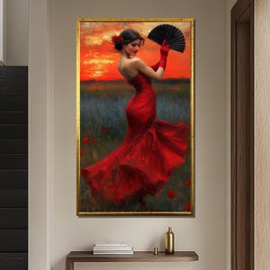 Spanischer Flamenco Tänzer Leinwandmalerei, Leidenschaftliches Wandbild, Spanisches Flamenco Kunstwerk, einzigartiges Geschenk, Elegantes Wohndekor, Rotes Kleid Kunst