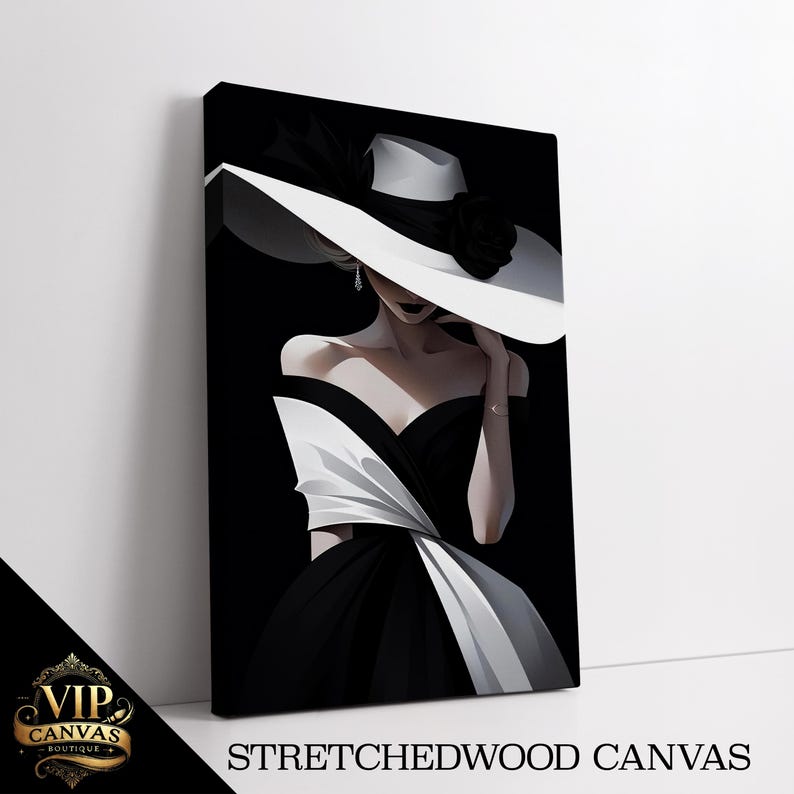 Elegant Woman in Black Dress and White Hat Canvas Painting - Stylish ...