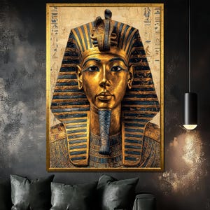Tutankhamun Pharaoh Canvas Painting, Golden Ancient Egypt Wall Art, Luxurious Historical Decor, Mystical King Print, Royal Gift Idea