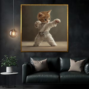 Karate Kätzchen Leinwand Gemälde, Lustige Martial Arts Katze Wandbild, Niedlicher Tierdruck, Verspieltes Haustier Dekor, Einzigartiges Geschenk für Katzenliebhaber