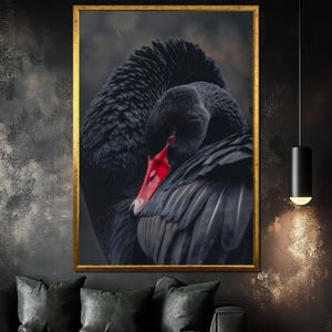 Schwarzer Schwan Leinwand Gemälde, dunkle elegante Vogel Wandkunst, Schwan Wandbild, stimmungsvolles Tierporträt für Wohnzimmer, einzigartiges Kunstgeschenk