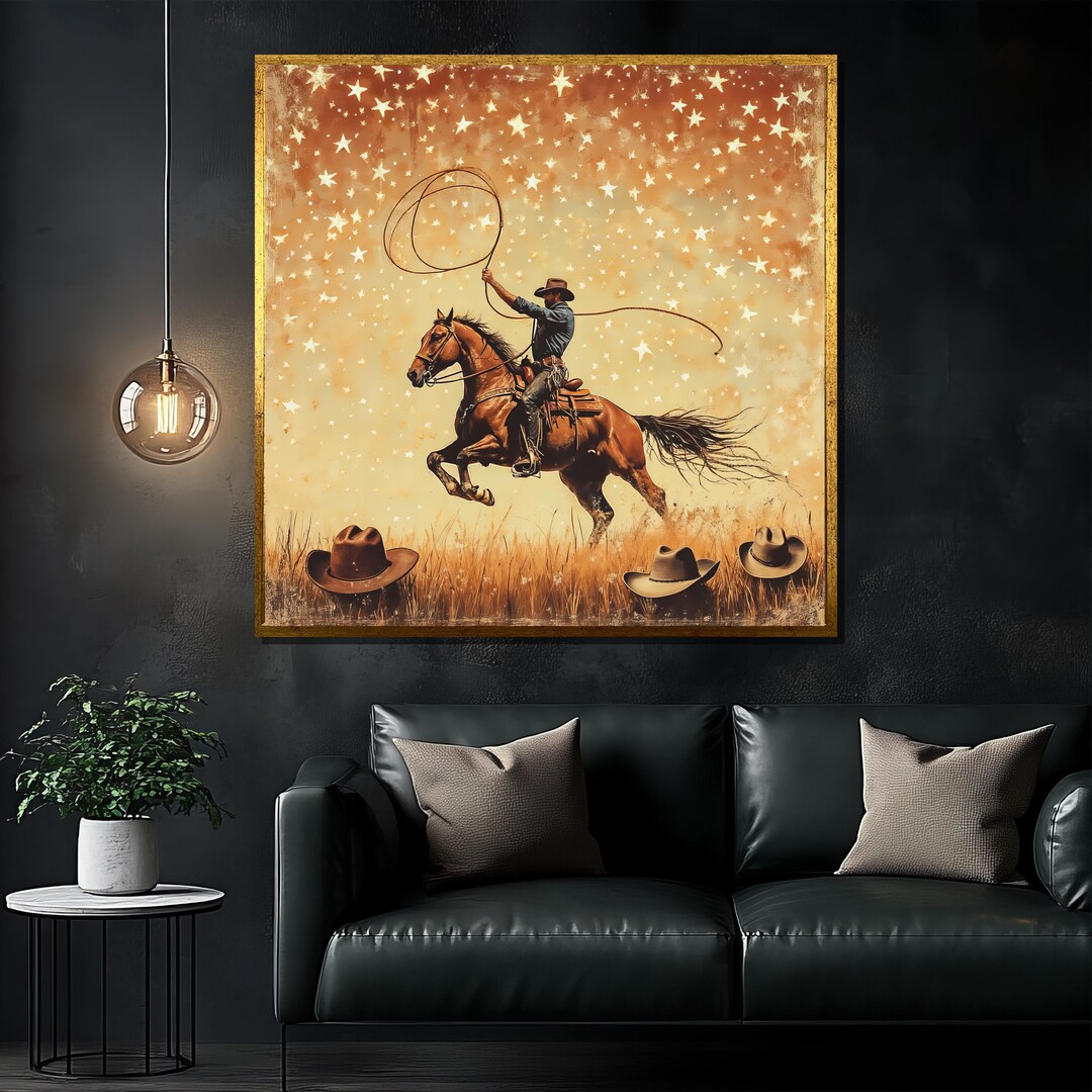 Starry Night Cowboy Canvas Painting, Western Horse Rider Wall Art ...