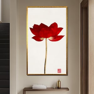 Minimalist Red Lotus Canvas Painting, Elegant Floral Wall Art, Asian-Inspired Botanical Home Decor, Unique Gift for Art Enthusiasts