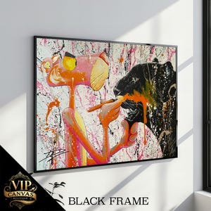 Pintura juguetona de lienzo de pantera rosa y pantera negra - Arte animal caprichoso para la decoración moderna del hogar y regalo único