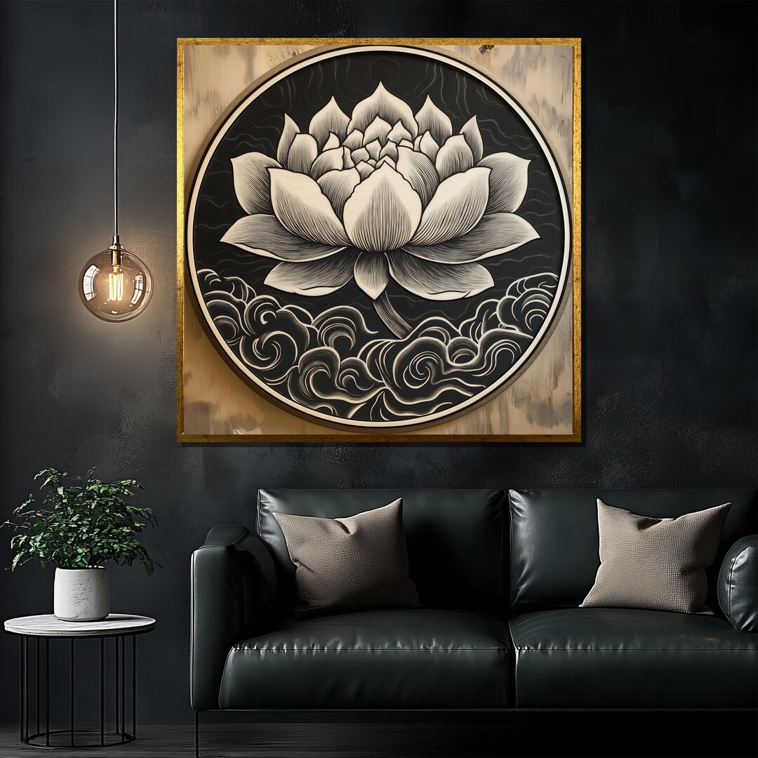 Black and White Lotus Canvas Painting, Elegant Zen-inspired Wall Art ...