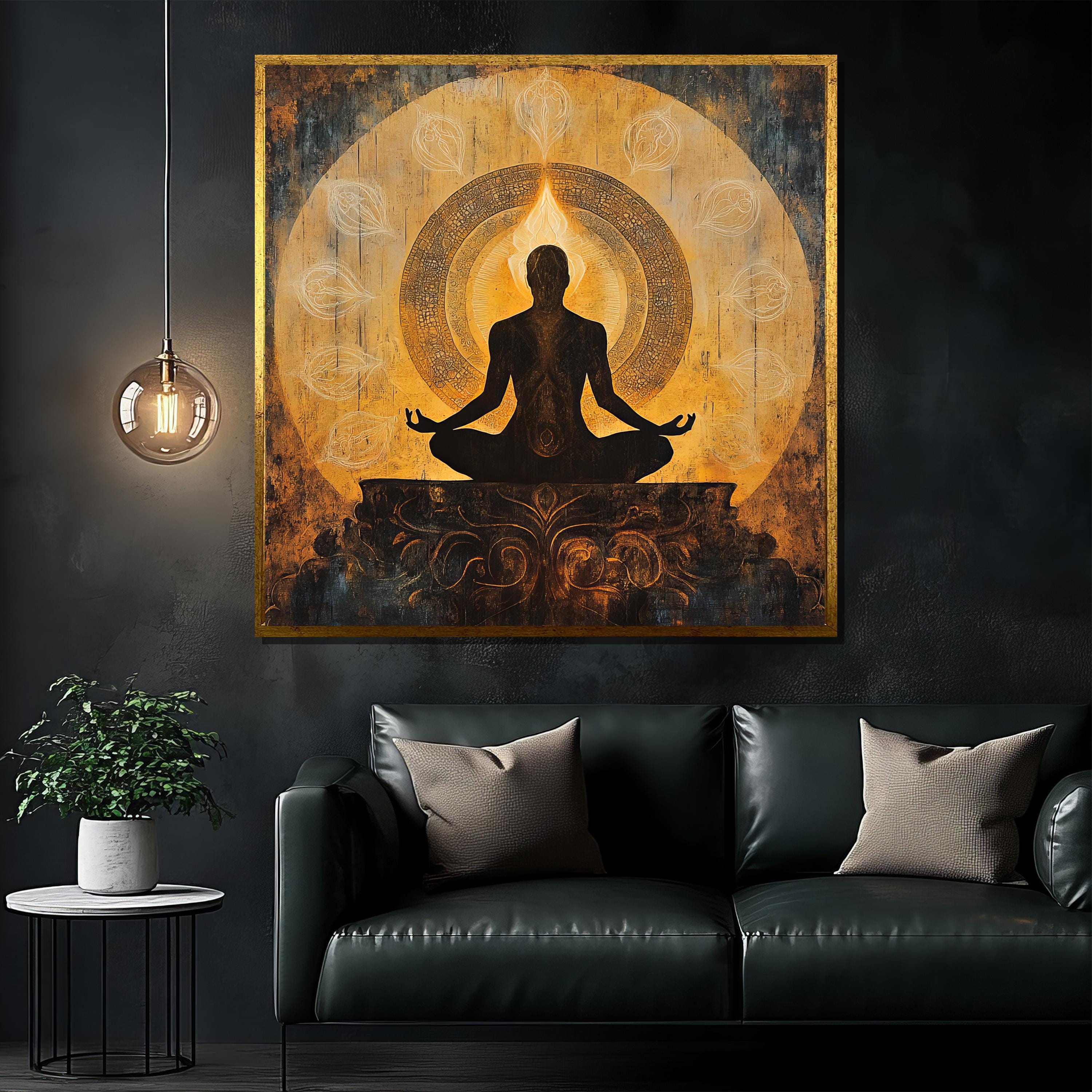Silhouette Meditation Canvas Painting, Golden Mandala Wall Art, Spiritual Yoga Gift, Zen Chakra Home Decor, Abstract Buddha Art