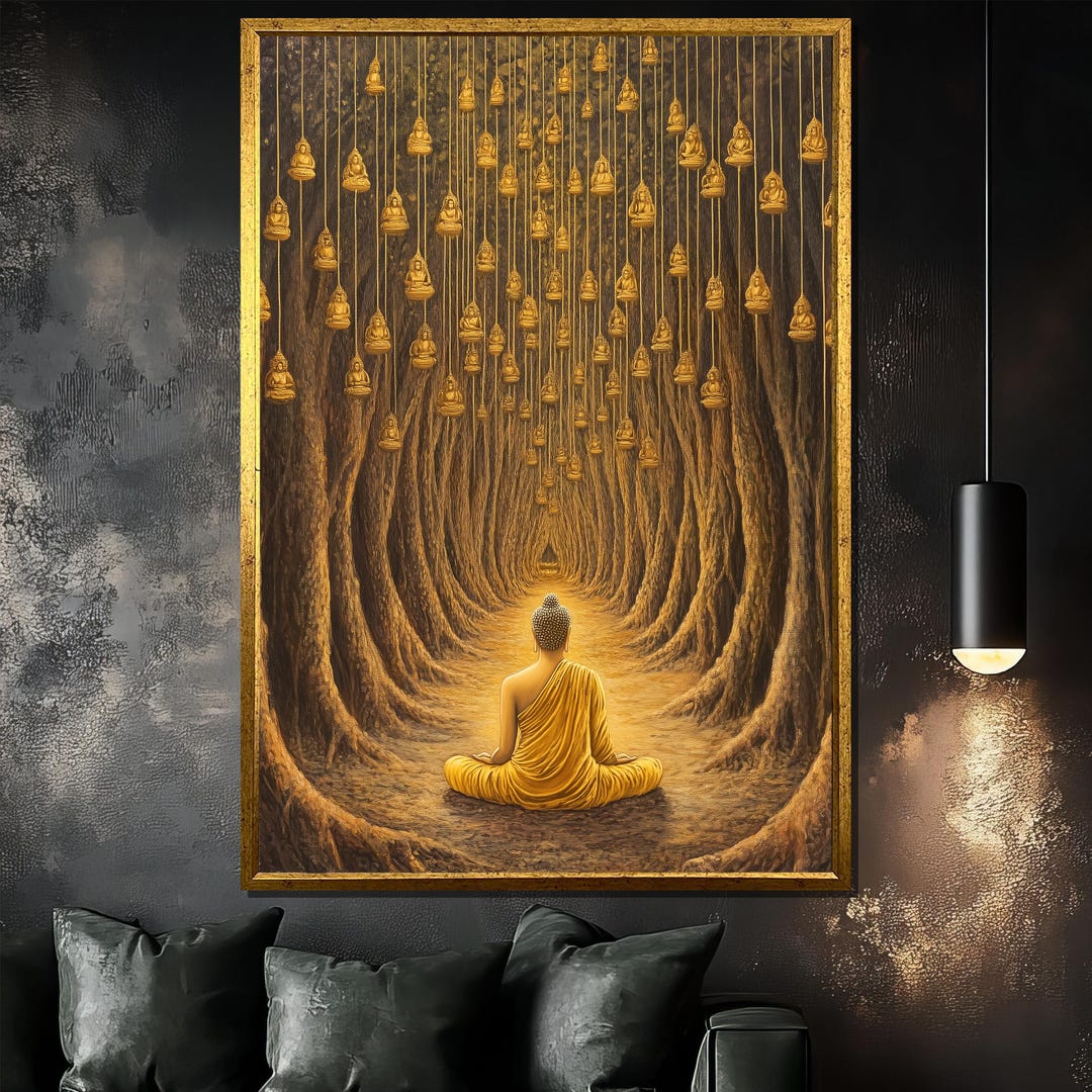 Golden Buddha Canvas Painting, Meditation Forest Wall Art, Zen ...