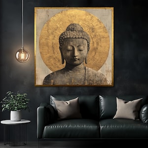 Goldener Buddha Leinwand Gemälde, Heilige Meditation Wandkunst, Minimalistische Zen Raum Dekoration, spirituelles Geschenk, Friedliche Buddha Kunstdruck