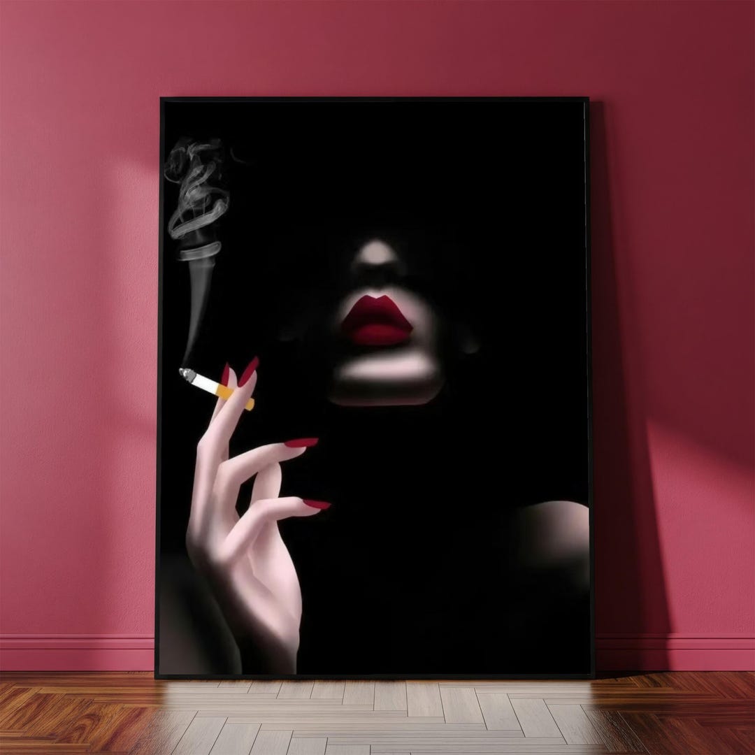 Elegant Woman Smoking Cigarette Canvas, Red Lips and Nails Wall Art ...
