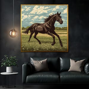 Elegant Black Horse Canvas Painting, Farmhouse Wall Art, Horse Lover Gift, Large Animal Artwork for Living Room