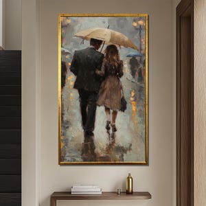 ロマンチックな雨の街のキャンバス絵画、傘の下のカップルの壁アート、印象派の都市景観の装飾、記念日や結婚式への愛の贈り物