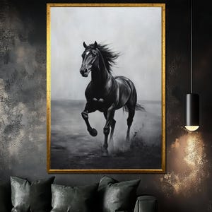 Majestic Black Horse Canvas Painting, Monochrome Wall Art, Equestrian Gift, Large Animal Artwork for Modern Home, Perfect Gift