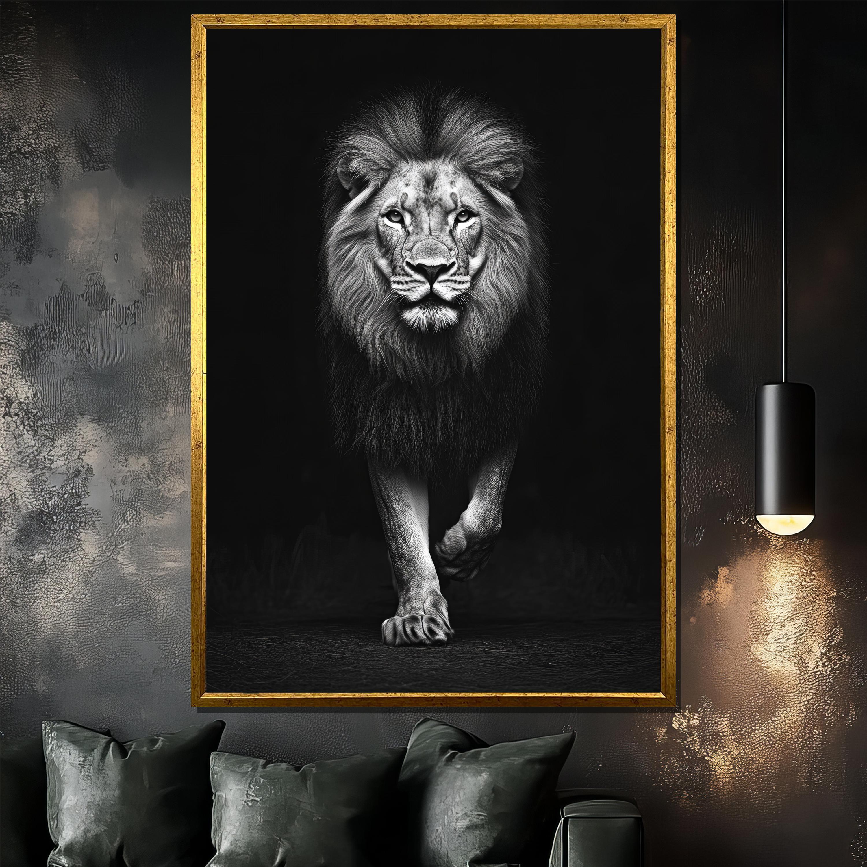 Black and White Lion Canvas Painting - Majestic Animal Wall Art - Bold Wildlife Decor Gift - Regal Lion Artwork