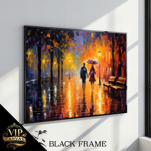 Romantic Modern Canvas Painting of Couple Walking in Rain with Umbrella - Vibrant Wall Art Gift
