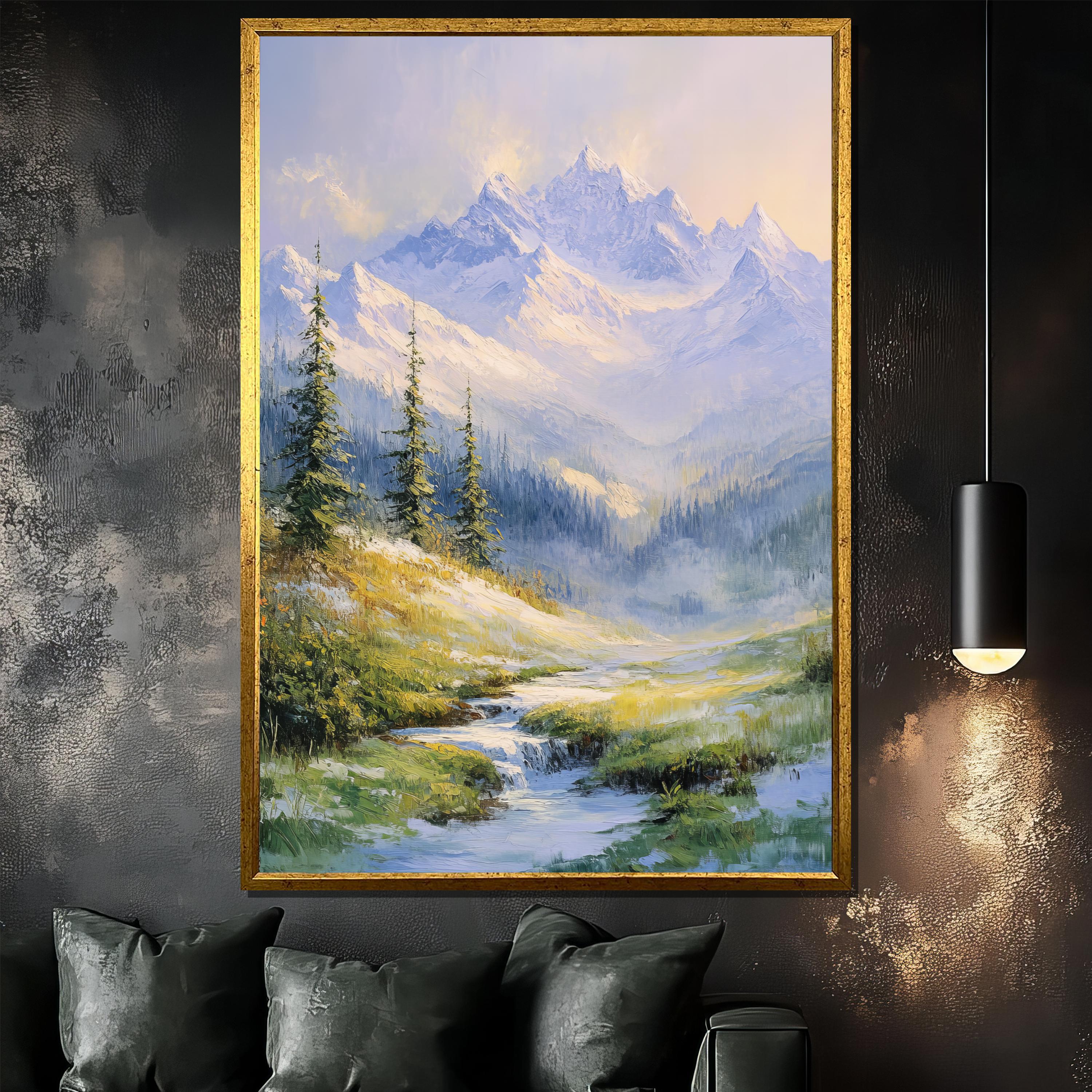 Mountain Landscape Canvas Painting, Serene Nature Wall Art, Forest and Stream Artwork, Unique Gift for Nature Lovers, Peaceful Home Decor