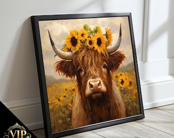 Highland Cow with Sunflower Crown - Charming Animal Canvas Painting, Perfect Gift for Rustic Home Decor