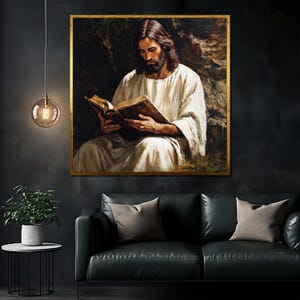 Dipinto su tela raffigurante Gesù che legge la Bibbia, elegante arte murale religiosa, regalo cristiano spirituale per l&#39;arredamento della casa e la riflessione