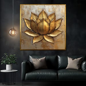 Golden Lotus Canvas Painting - Elegant Metallic Wall Art for Living Room Decor, Zen Gift Idea, Spiritual Flower Artwork, Modern Home Decor
