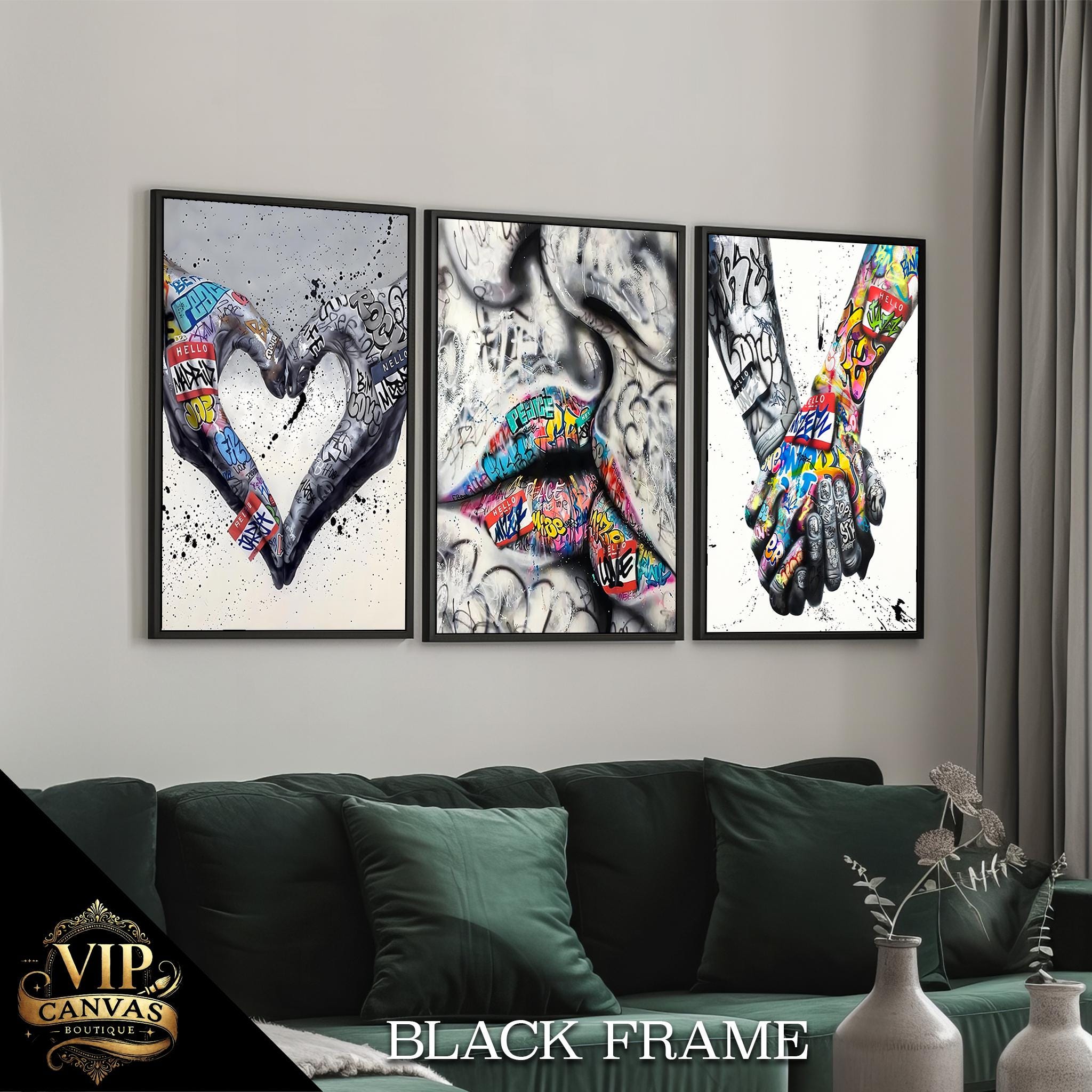 Banksy-Inspired Love and Unity Trio 3-Piece Canvas Wall Art Set - Vibrant Graffiti Art Featuring Hands, Lips, Perfect Office Decor