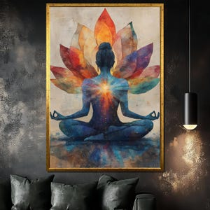 Chakra Meditation Canvas Painting, Colorful Yoga Wall Art, Spiritual Zen Decor, Lotus Inspired Abstract Art, Peaceful Home Gift