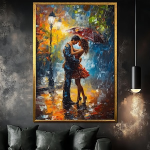 Vibrant Romantic Couple Canvas Painting - Rainy Night Umbrella Artwork - Elegant Wall Art for Bedroom or Living Room, Gift Idea