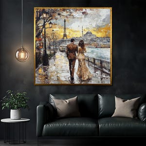 Romantic Paris Couple Walk Canvas Painting, Eiffel Tower Wall Art, Unique Gift for Her or Him, Love Art for Home Decoration