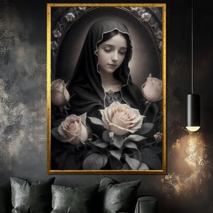 Virgin Mary Canvas Painting, Elegant Religious Wall Art with Roses, Classic Christian Portrait for Prayer Room or Home, Spiritual Gift