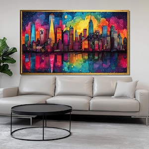 Colorful New York Skyline Canvas Painting, Vibrant Cityscape Wall Art, Modern Urban Decor, Abstract Night Lights Print, Home Gift