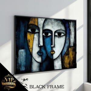 Einzigartiges abstraktes Gesichter Gemälde in Blau und Gelb - Zeitgenössische Wandkunst für modernes Wohndekor und Geschenk