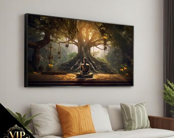Serene Buddha Meditating Under Tree Canvas Painting - Tranquil Spiritual Art for Home Décor, Perfect Gift